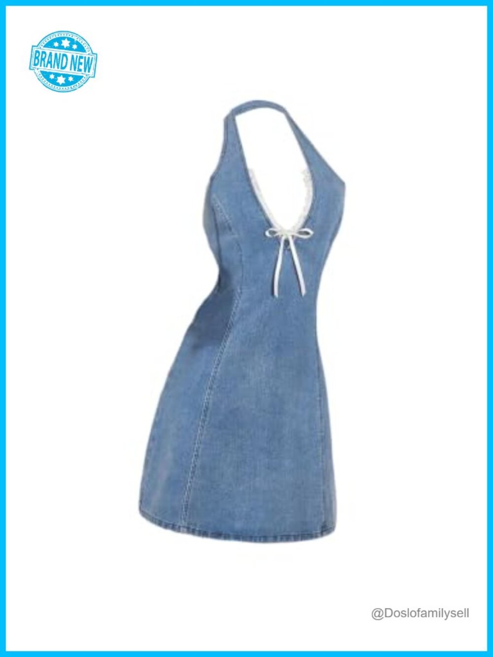 WDIRARA Women's Bow Halter Mini Jean Dress Lace Trim Denim Dress